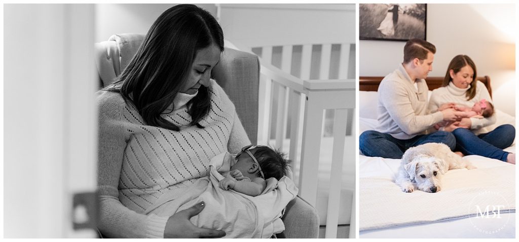 lifestyle newborn session in Fairfax, Virginia, mommy holding her newborn baby girl & parents playing with their new baby girl while the dog is laying sad on their bed, taken by a DMV newborn photographer