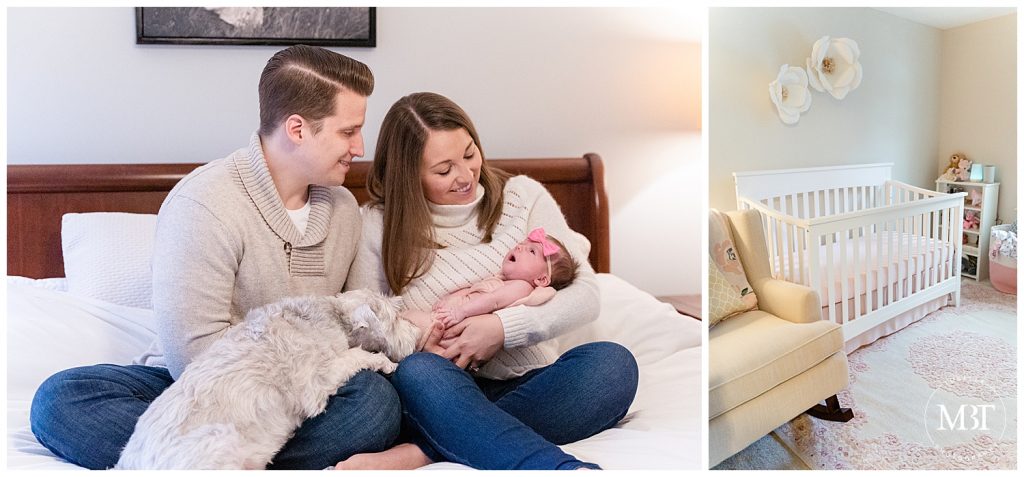 lifestyle newborn session in Fairfax, Virginia - parents & dog looking at their newborn baby girl & a nursery setup, taken by a Virginia newborn photographer