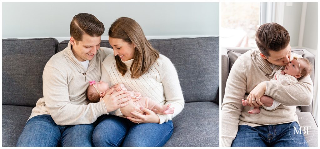 in home newborn session in Fairfax, Virginia, mommy & daddy looking at their newborn baby girl with so much love and joy, and daddy kissing baby girl, taken by a Virginia newborn photographer
