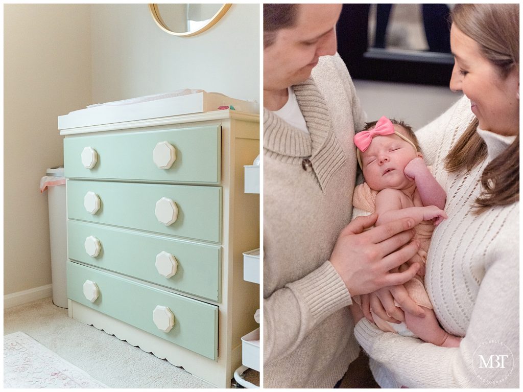at home newborn photographer in Fairfax, Virginia - mommy's old dresser in the nursery & newborn baby girl held by mommy and daddy, taken by a Northern Virginia newborn photographer