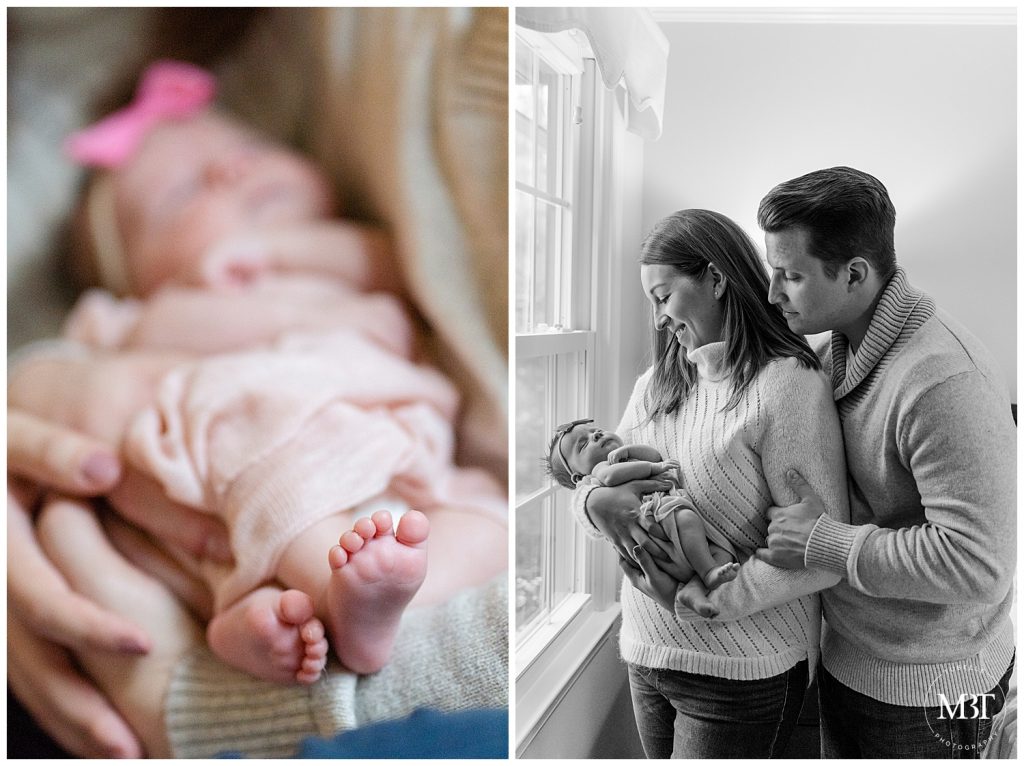 in home newborn session in Fairfax, Virginia - close up shot of newborn's feet & mommy and daddy standing by the window admiring newborn baby girl, taken by a Washington, DC newborn photographer