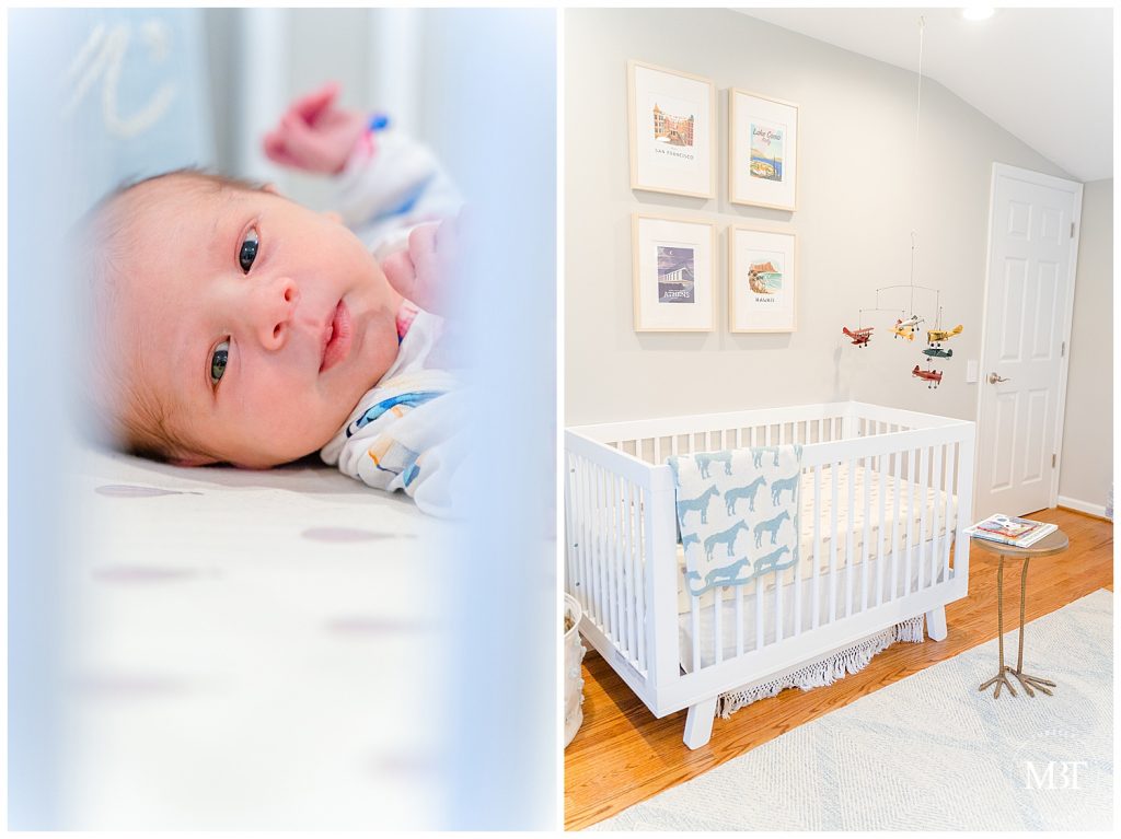 baby's face & nursery taken during a lifestyle newborn session in Reston, Virginia by a Northern Virginia newborn photographer
