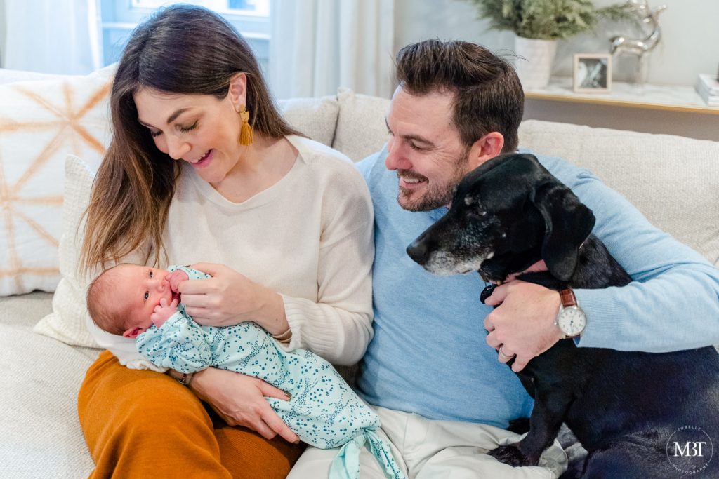 family portrait with dog during their lifestyle newborn session in Reston, Virginia take by a Northern Virginia newborn photographer