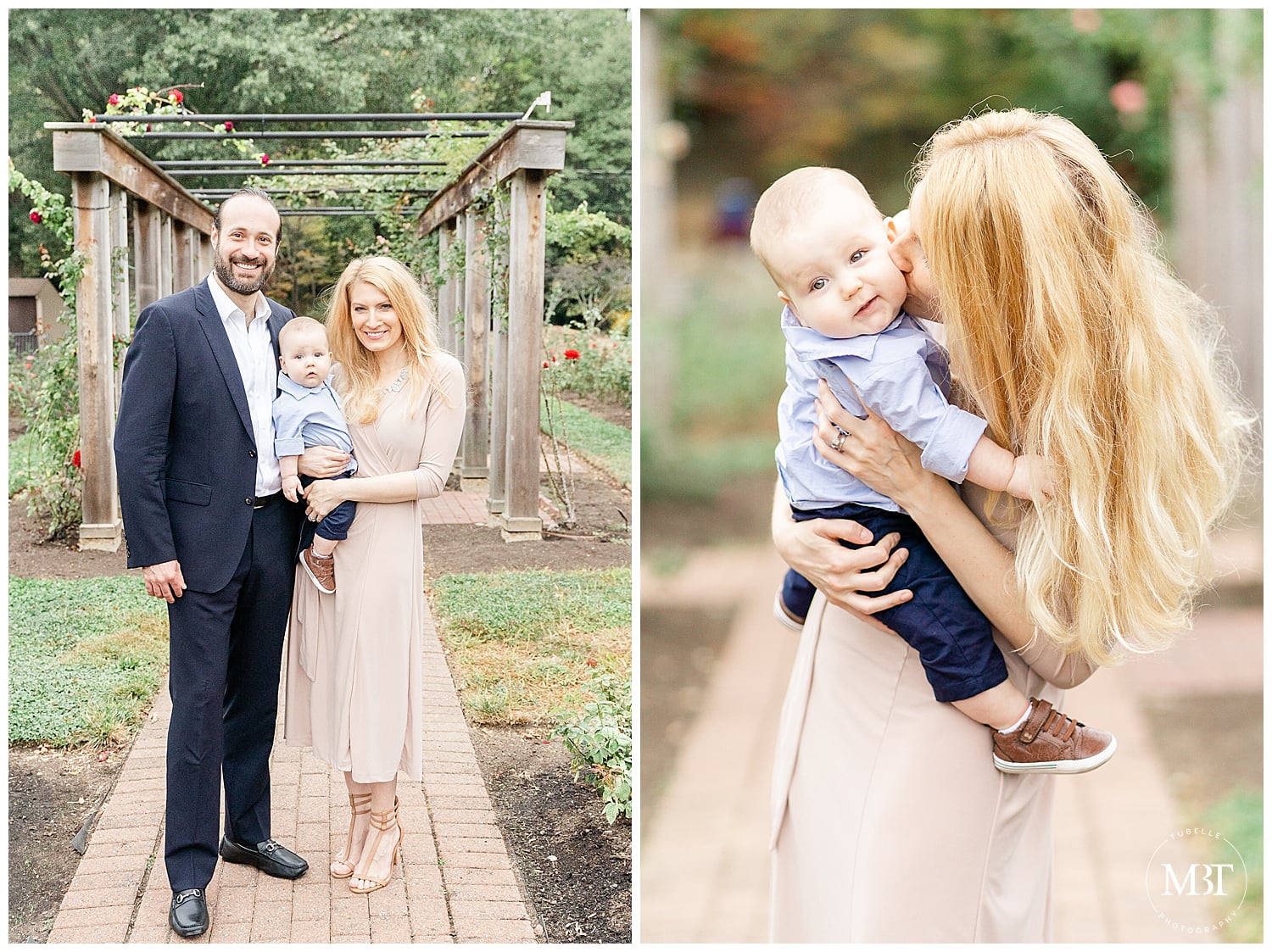 family portrait and mom kissing son on cheeks during their family session at Bon Air Park in Arlington, Virginia by a Northern Virginia photographer