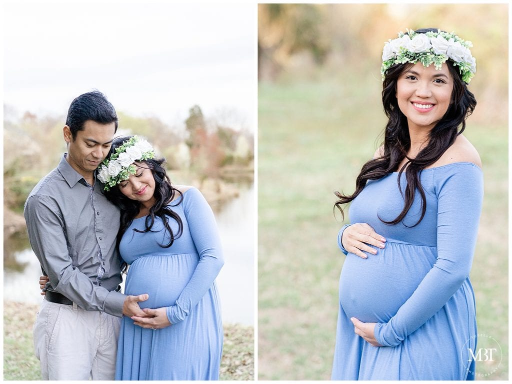 expecting couple looking at the belly during their maternity session in Gainesville, Virginia taken by a Manassas, Virginia maternity photographer