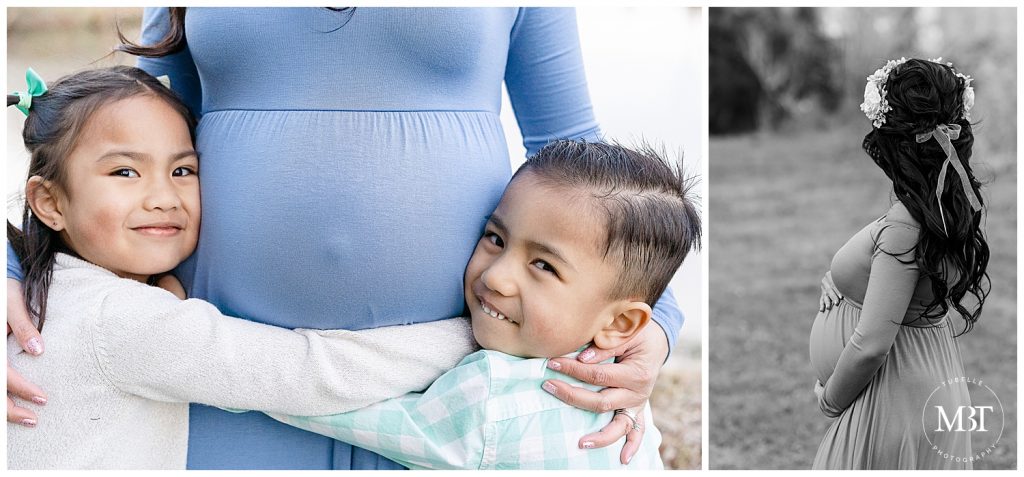 siblings hugging belly of pregnant mom during their maternity session in Gainesville, Virginia taken by a Virginia maternity photographer