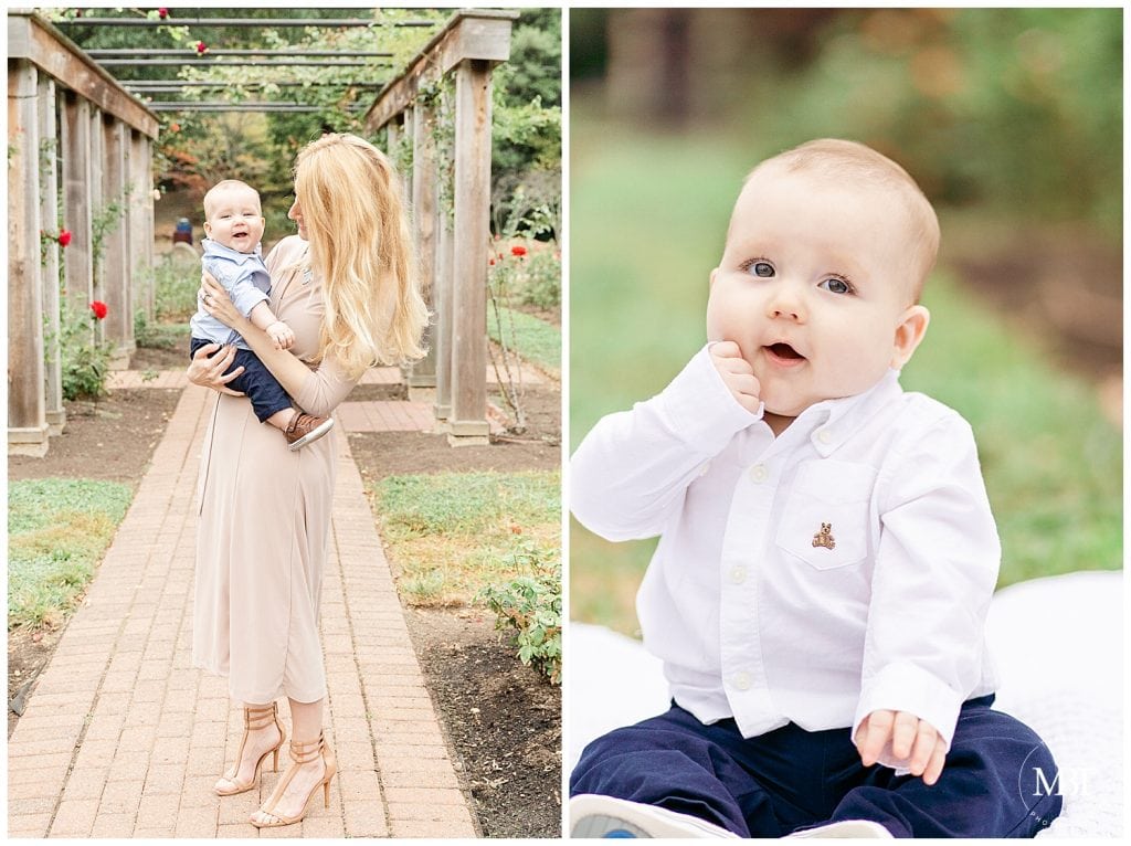 mommy playing with son and a baby boy posing for the camera during their family session in Arlington, Virginia by a Washington, DC family photographer