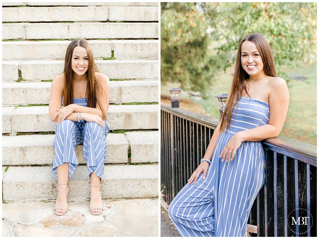 girl standing by the bridge, sitting on the stairs during for a senior portrait at Airlie by a Prince William County photographer