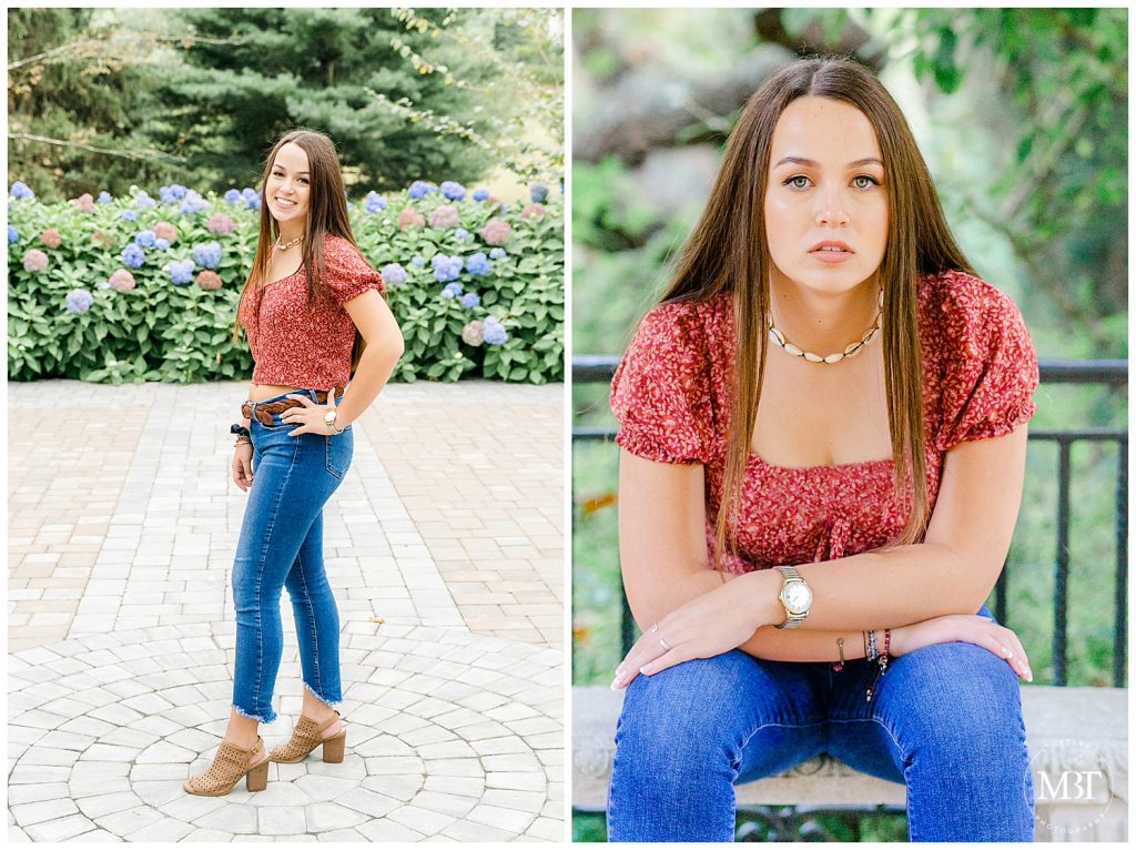 girl sitting by the bench & standing near the hydrangeas during a senior session at Airlie taken by a DMV senior photographer