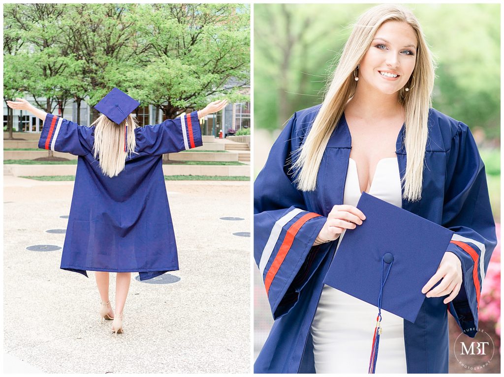 girl wearing a white dress & graduation cap & gown during her senior session at Reston Town Center taken by a Gainesville, Virginia senior photographer