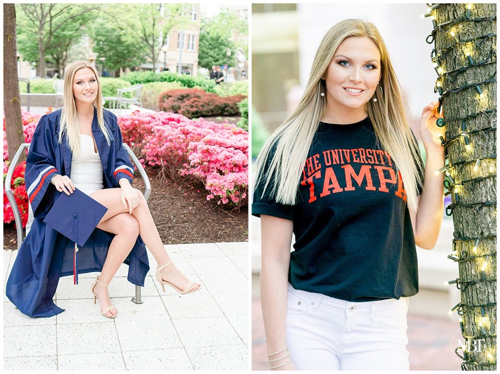 girl wearing a dress with graduation gown & University of Tampa during her senior session in Reston, Virginia by a Virginia senior photographer