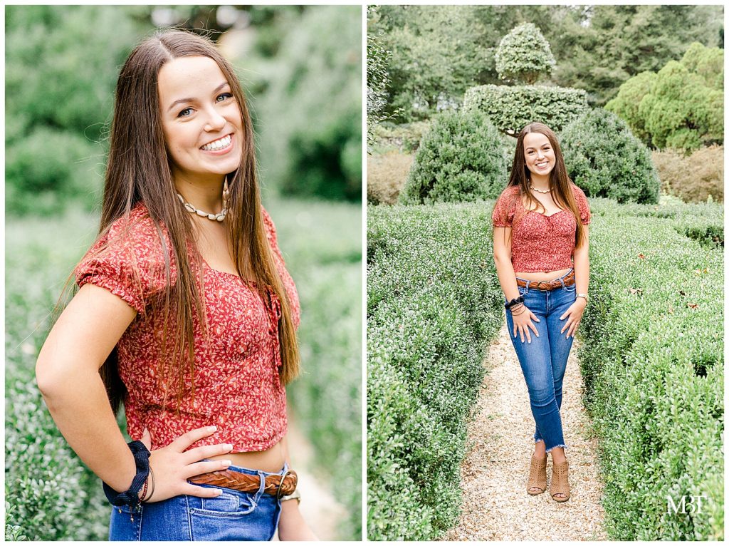 girl in a garden during a senior session at Airlie taken by a Washington, DC senior photographer