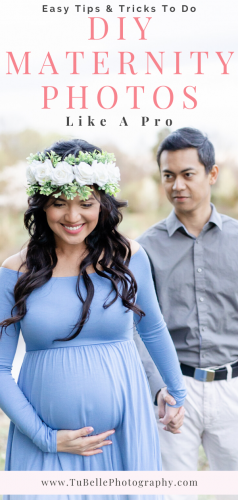 easy tips & tricks to do DIY maternity photos like a pro with a portrait of expecting couple
