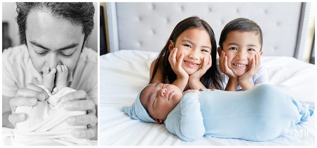 dad and older siblings with baby during their at home newborn session taken in Gainesville, Virginia by TuBelle Photography a lifestyle newborn photographer in Northern Virginia