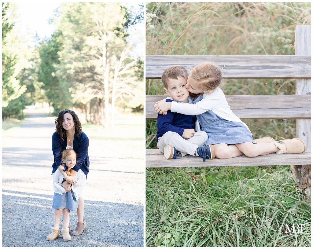 siblings kissing & mommy hugging daughter during their fall family session at Claude Moore Park in Sterling, Virginia, taken by TuBelle Photography, a Northern Virginia family photographer
