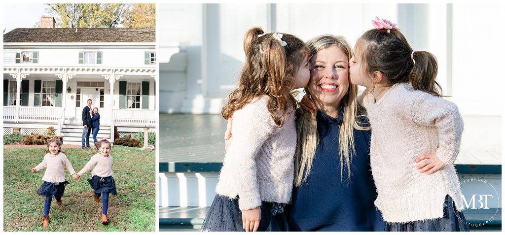 girls kissing mommy during their family session at Cherry Hill Farm Park in Falls Church, Virginia. Taken by TuBelle Photography, a Fairfax County family photographer