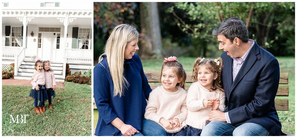 mom, dad, and girls laughing during their family session at Cherry Hill Farm Park in Falls Church, Virginia. Taken by TuBelle Photography, a Northern Virginia family photographer