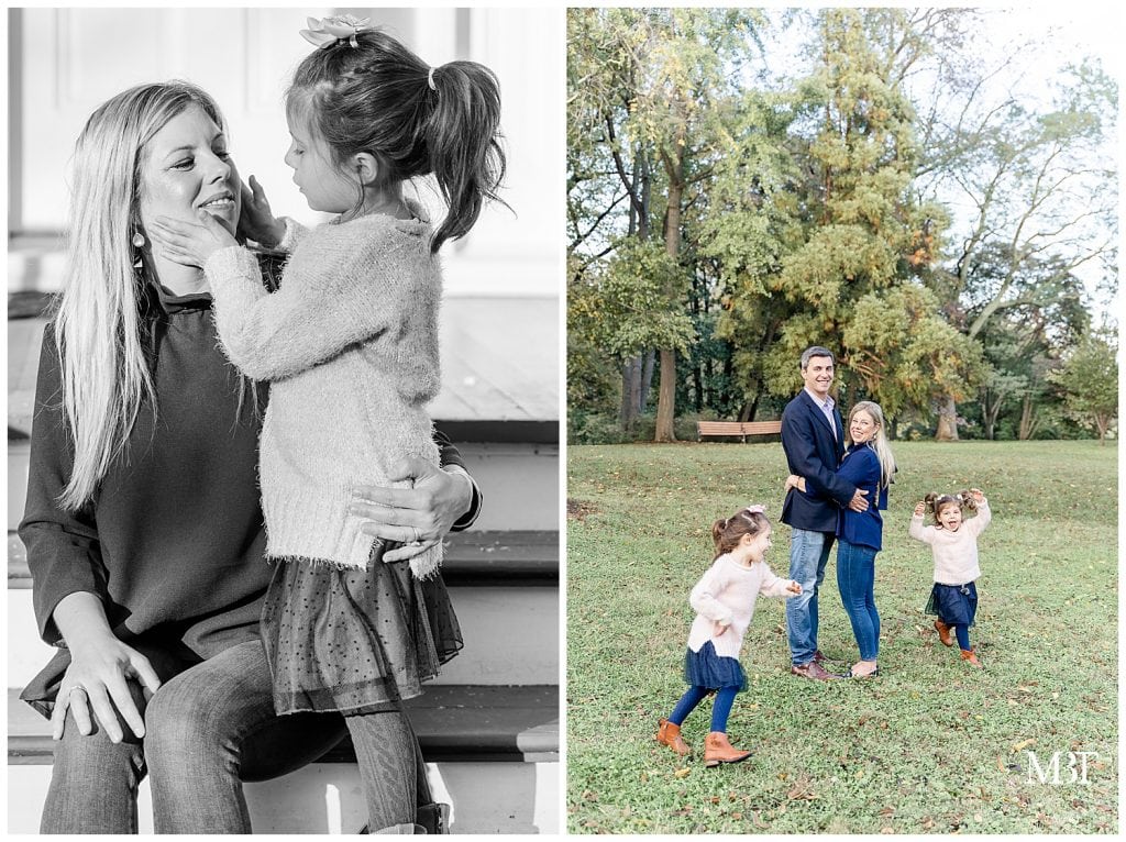 girls running around mom and dad during their family session at Cherry Hill Farm Park in Falls Church, Virginia. Taken by TuBelle Photography, a Virginia family photographer