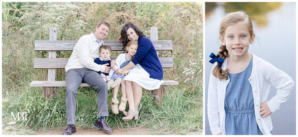 family of 4 sitting on a bench during their family session at Claude Moore Park in Sterling, Virginia, taken by TuBelle Photography, a Loudoun County family photographer