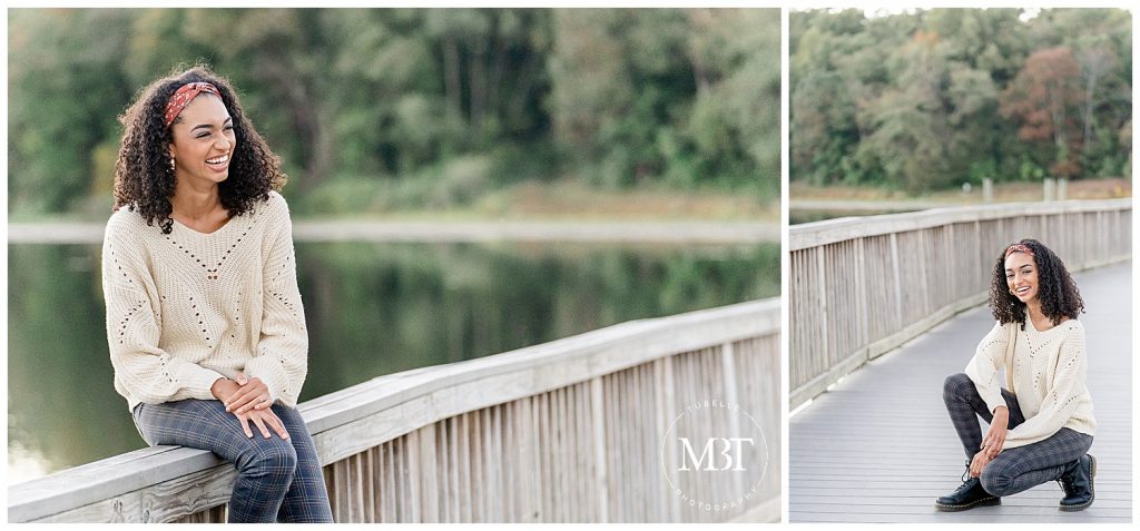 girl sitting on the bridge during her senior pictures at Lake Fairfax Park in Reston, Virginia taken by TuBelle Photography, a Northern Virginia senior photographer