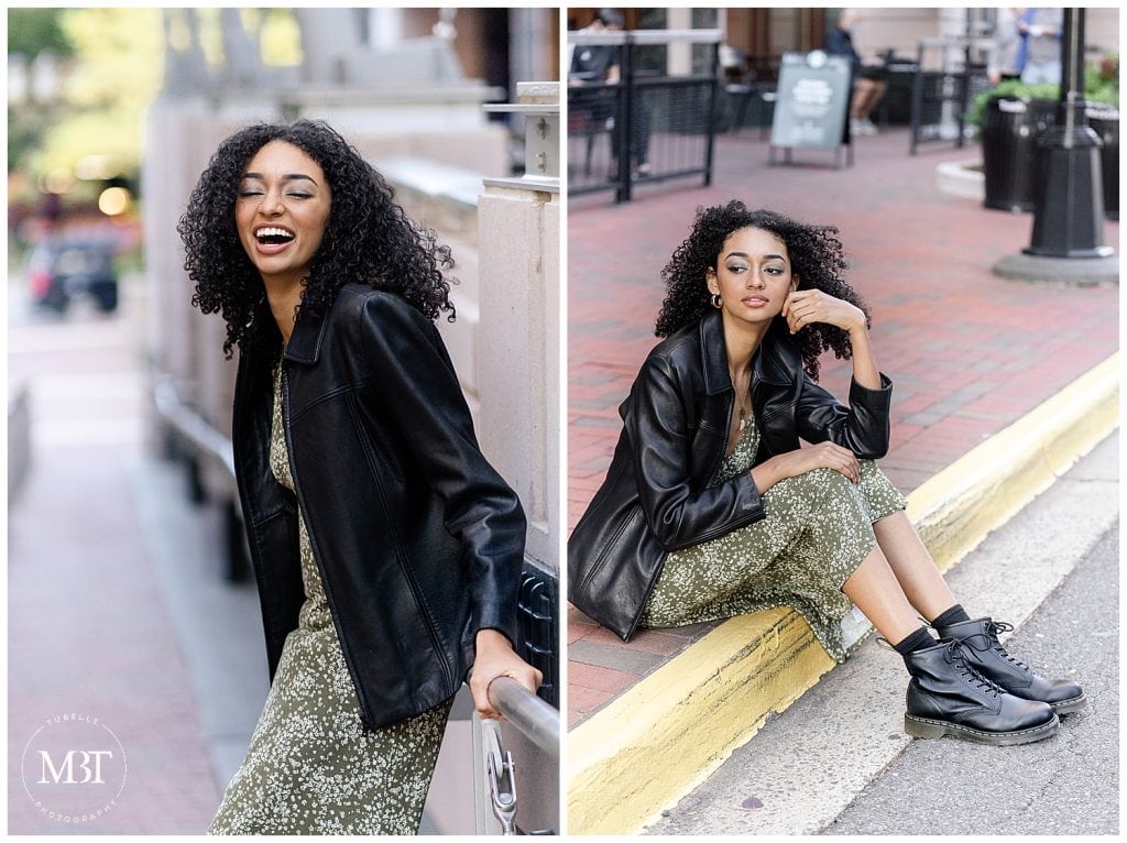 girl laughing & sitting on the sidewalk during her senior session at Reston Town Center in Reston, Virginia taken by TuBelle Photography, a Fairfax County Virginia senior photographer