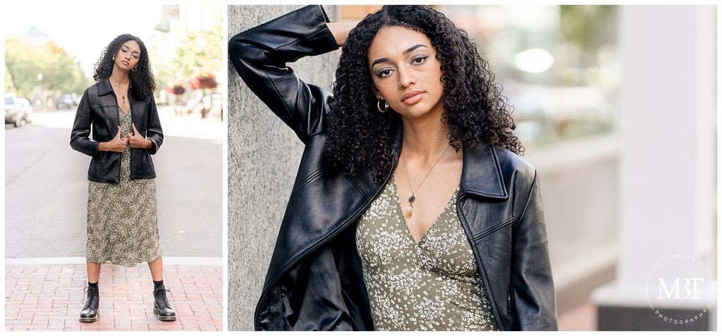 girl standing & leaning by the wall during her senior pictures at Reston Town Center in Reston, Virginia taken by TuBelle Photography, a Northern Virginia senior photographer