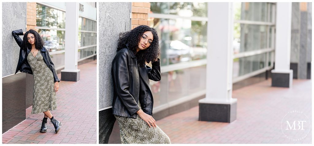 girl leaning by the wall during her senior pictures at Reston Town Center in Reston, Virginia taken by TuBelle Photography, a Reston, Virginia senior photographer