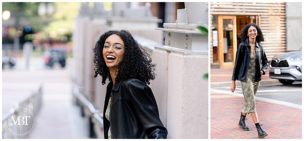 girl walking during her senior photoshoot at Reston Town Center in Reston, Virginia taken by TuBelle Photography, a Northern Virginia senior photographer
