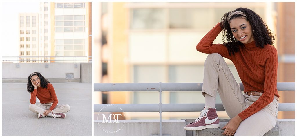 girl sitting on the parking garage during her urban senior session at Reston Town Center in Reston, Virginia taken by TuBelle Photography, a Fairfax County, Virginia senior photographer