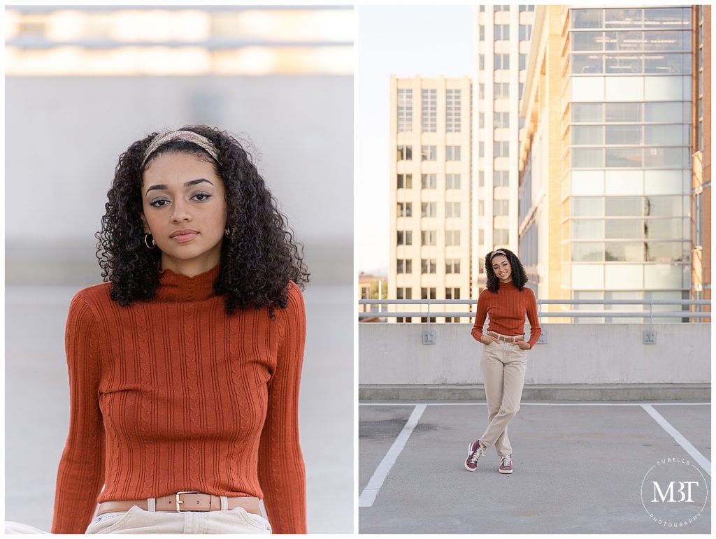 girl sitting on the parking garage during her urban senior session at Reston Town Center in Reston, Virginia taken by TuBelle Photography, a Fairfax County, Virginia senior photographer