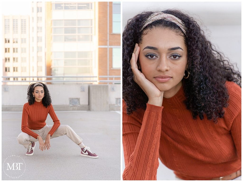 girl sitting on the parking garage during her urban senior pictures at Reston Town Center in Reston, Virginia taken by TuBelle Photography, a Reston, Virginia senior photographer