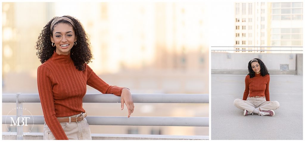 girl sitting on the parking garage during her urban senior pictures at Reston Town Center in Reston, Virginia taken by TuBelle Photography, a Virginia senior photographer