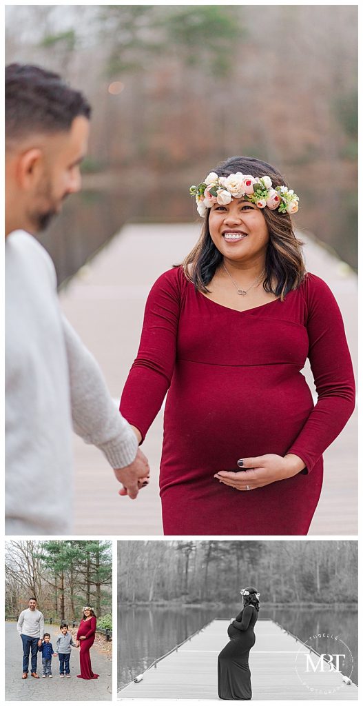 collage of maternity photography at Lake Ridge Marina in Woodbridge, Virginia, taken by TuBelle Photography, a Virginia maternity photographer