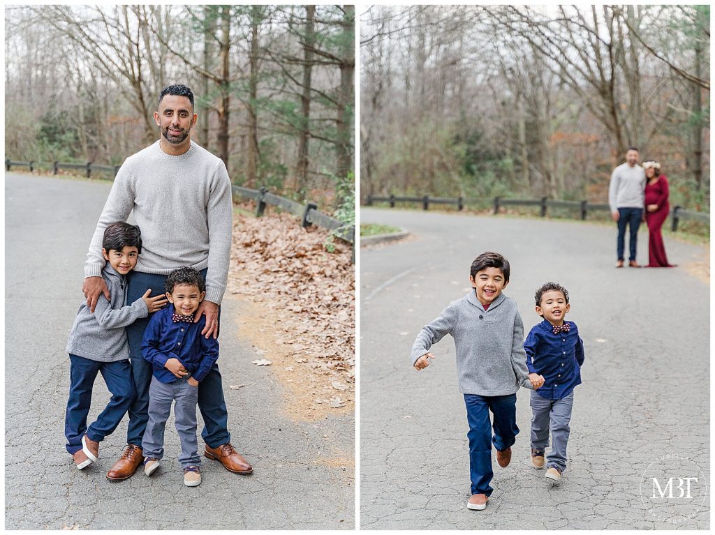 family of 4 having fun during their maternity photos at Lake Ridge Marina in Woodbridge, Virginia, taken by TuBelle Photography, a Virginia maternity photographer