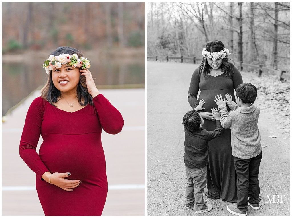 kids and mom during their maternity portraits at Lake Ridge Marina in Woodbridge, Virginia taken by TuBelle Photography, a Prince William County maternity photographer