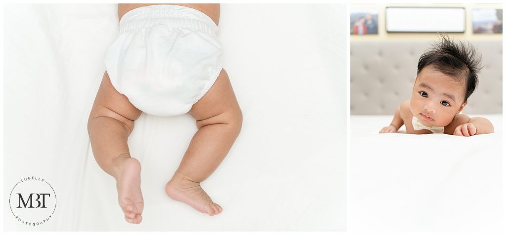 baby boy on his tummy wearing bow tie & showing off his baby rolls during his milestone baby photo shoot in Fairfax, Virginia by TuBelle Photography, a baby photographer in Fairfax County