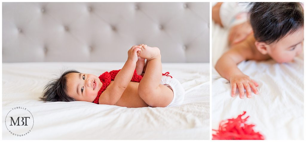 baby boy on his back wearing a red scarf during his milestone baby photo shoot in Mclean, Virginia by TuBelle Photography, a baby photographer in Fairfax County