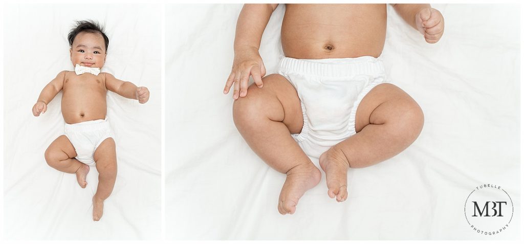baby boy wearing a bow tie during his milestone baby photo shoot in Mclean, Virginia by TuBelle Photography, a baby photographer in Northern Virginia