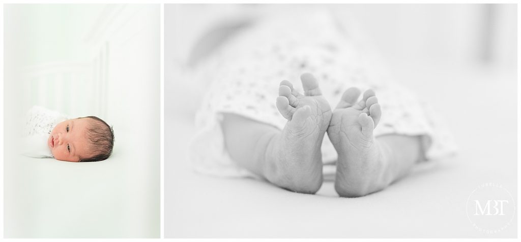 details of baby girl in her crib during their at home newborn photos in Gainesville, Virginia, taken by TuBelle Photography, a Prince William County newborn photographer