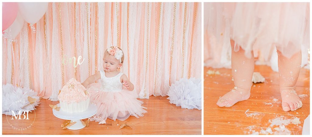 baby girl eating her cake smash pictures in Gainesville, Virginia by TuBelle Photography, a Prince William County cake smash photographer