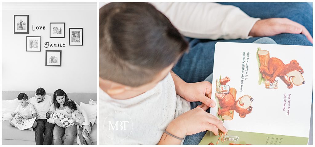 big brother reading a book to baby sister during their in home newborn photos in Gainesville, Virginia, taken by TuBelle Photography, a NoVa newborn photographer