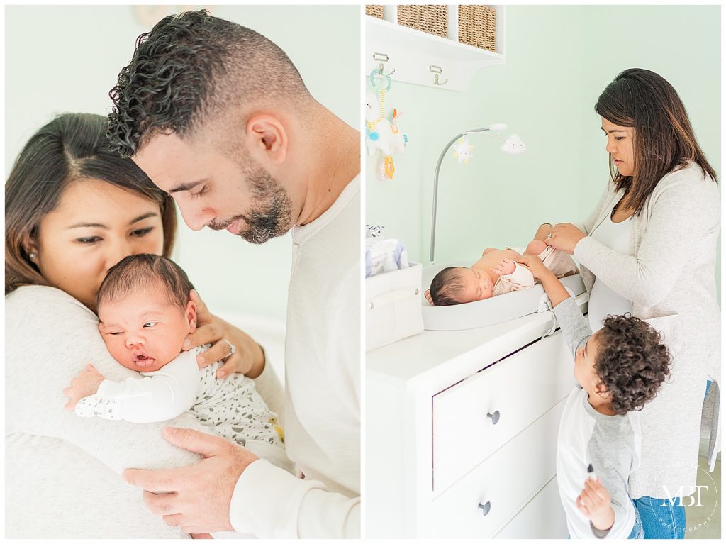 baby girl adored by mommy and daddy during their in home newborn pictures in Gainesville, Virginia, taken by TuBelle Photography, a Northern Virginia newborn photographer