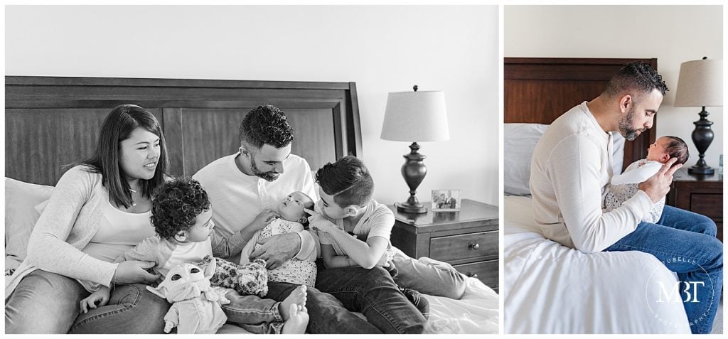 baby girl adored by big brothers & parents during their in home newborn portraits in Gainesville, Virginia, taken by TuBelle Photography, a Prince William County newborn photographer