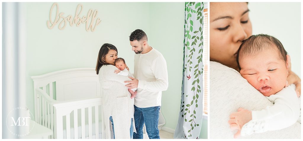 baby girl adored by parents during their in home newborn photos in Gainesville, Virginia, taken by TuBelle Photography, a Northern Virginia newborn photographer