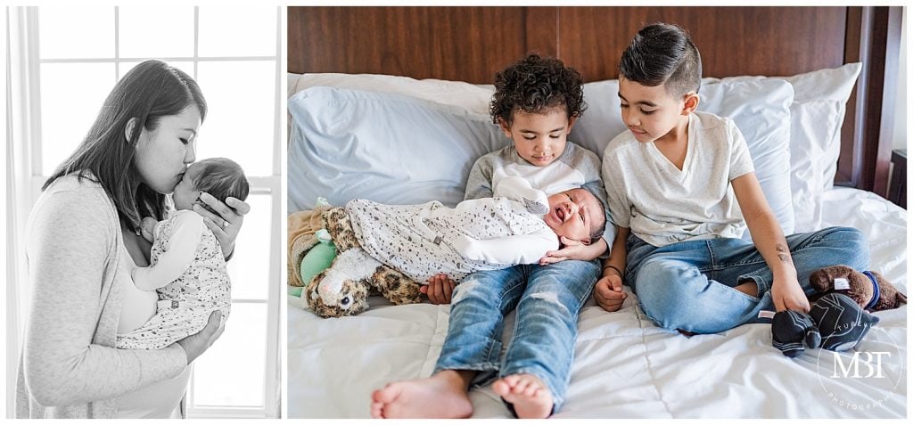 big brothers holding baby sister during their in home newborn session in Gainesville, Virginia, taken by TuBelle Photography, a Prince William County newborn photographer