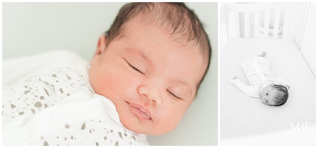 baby girl in her crib during their lifestyle newborn photos in Gainesville, Virginia, taken by TuBelle Photography, a Northern Virginia newborn photographer