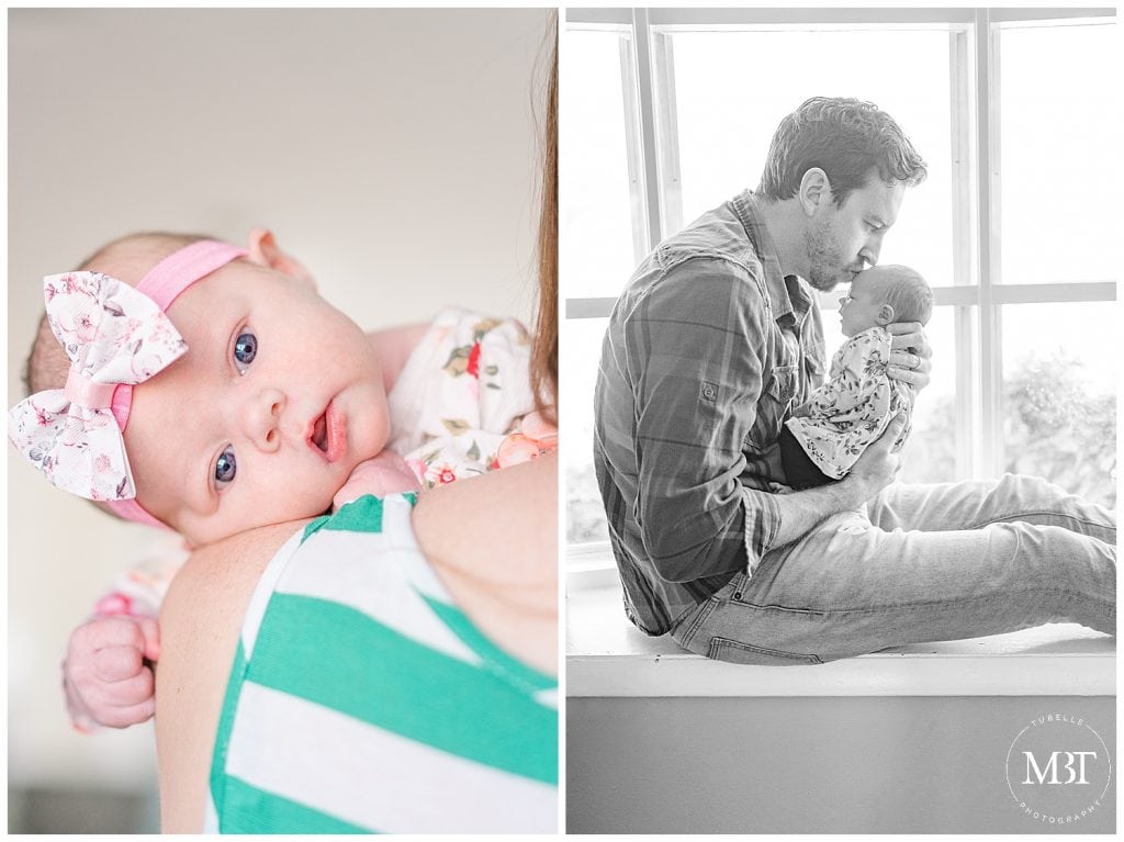 dad and baby girl during their lifestyle newborn pictures taken in Springfield, Virginia by TuBelle Photography, a Northern Virginia newborn photographer