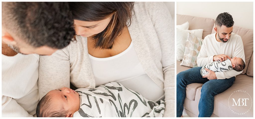 baby girl adored by mom and dad during their lifestyle newborn portraits in Gainesville, Virginia, taken by TuBelle Photography, a Northern Virginia newborn photographer