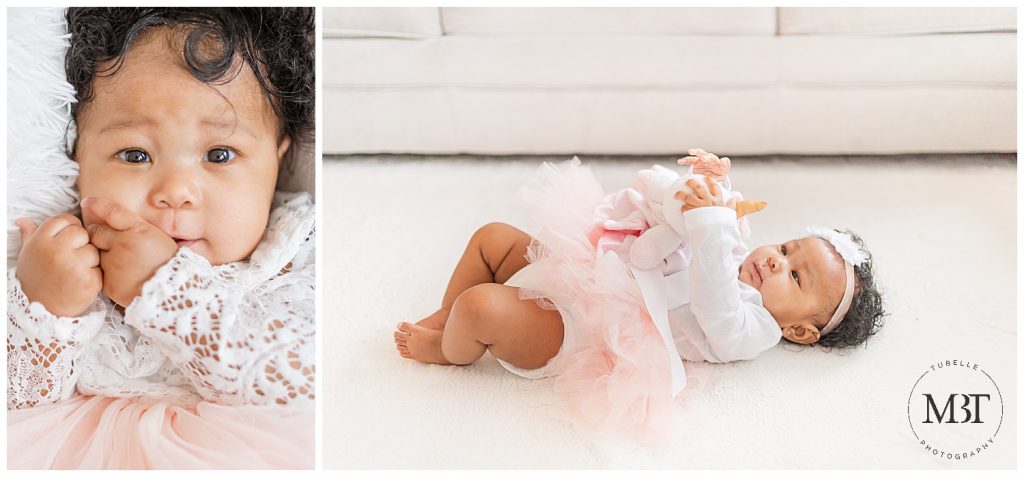 baby girl playing with a lovie during milestone baby photos in Woodbridge, Virginia, taken by TuBelle Photography, a Northern Virginia milestone photographer