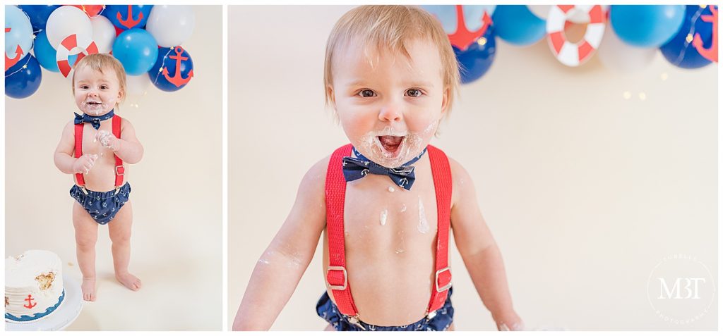 baby boy during his nautical themed cake smash photography in Reston, Virginia taken by TuBelle Photography, a Northern Virginia cake smash photographer